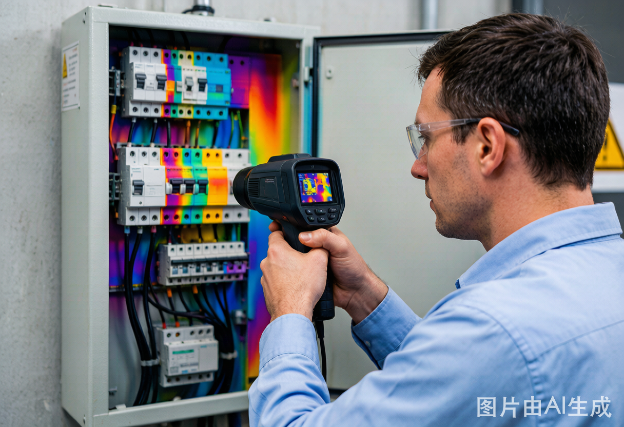 Cooper Electric thermographer using infrared thermal imaging camera on electrical panel